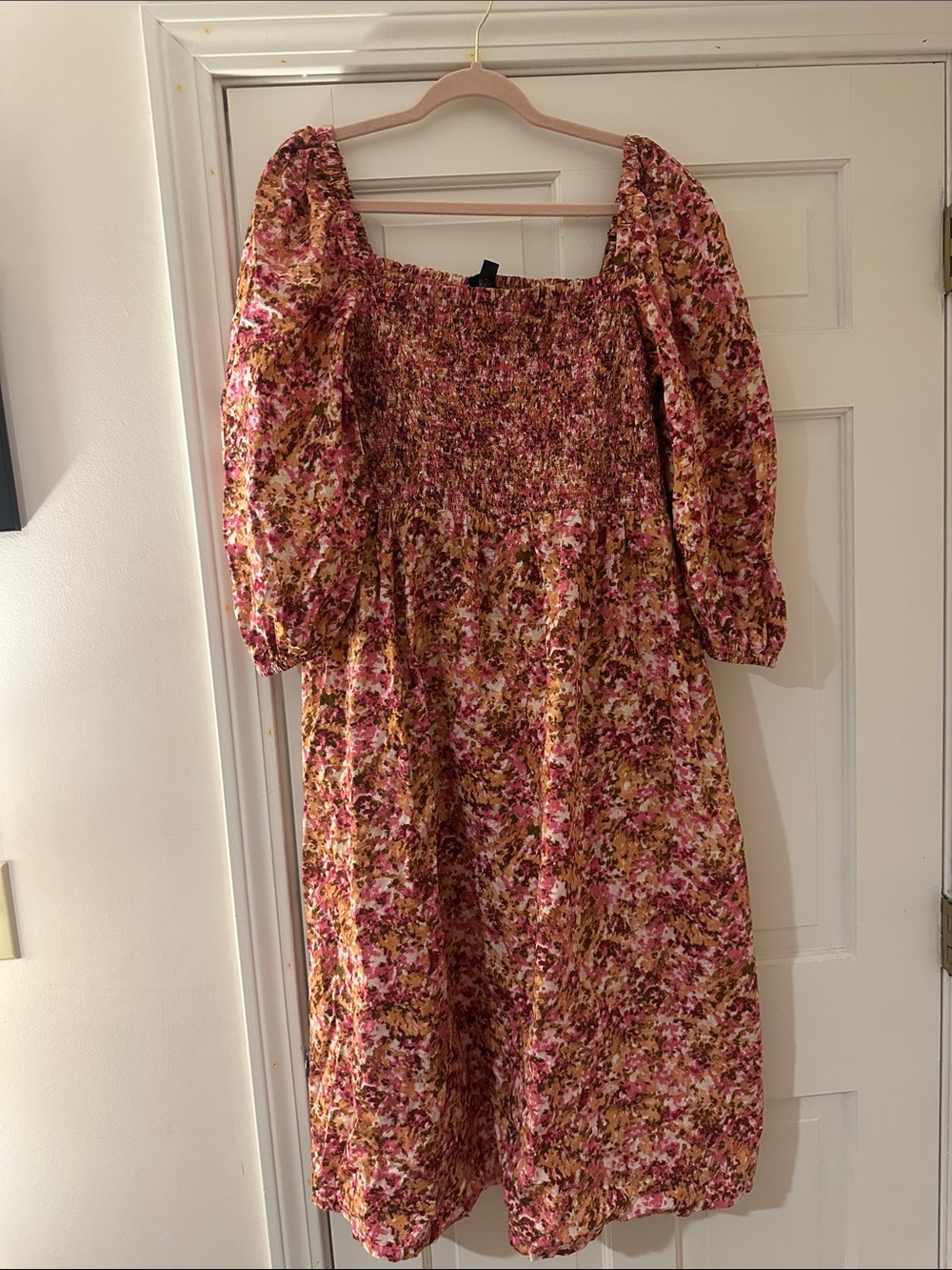 J. Crew Pink Floral Smocked Midi Dress with Puff Sleeves